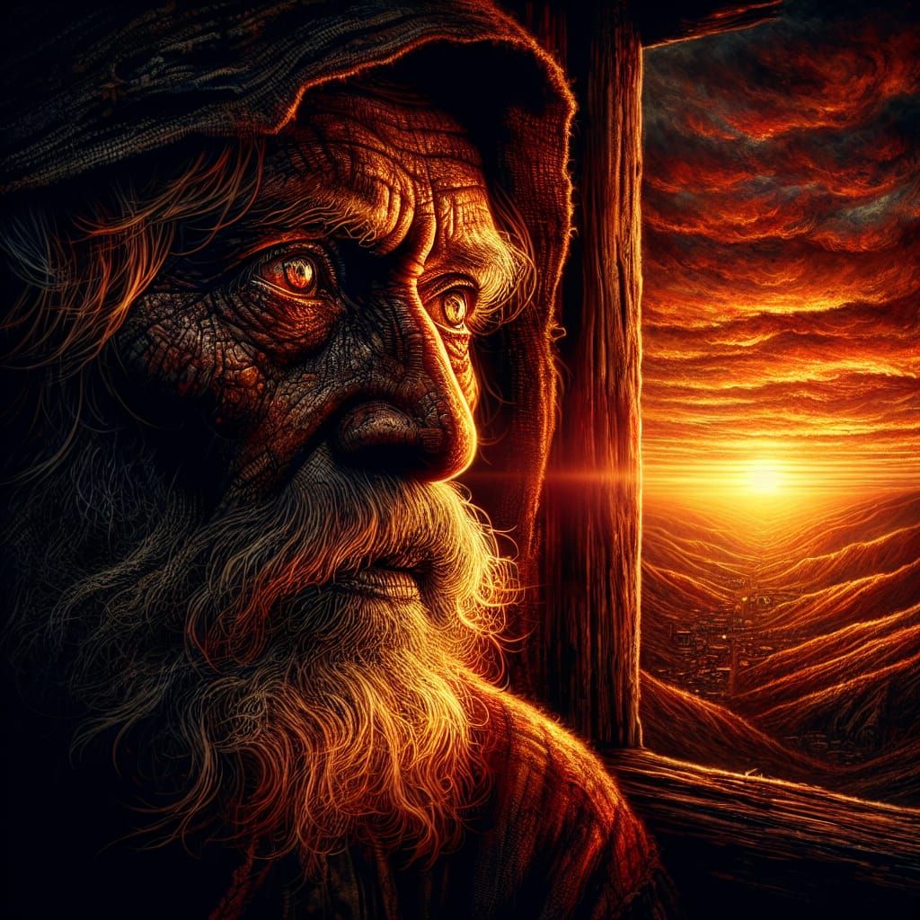 Epic Sunset Reflection on an Elderly Man
