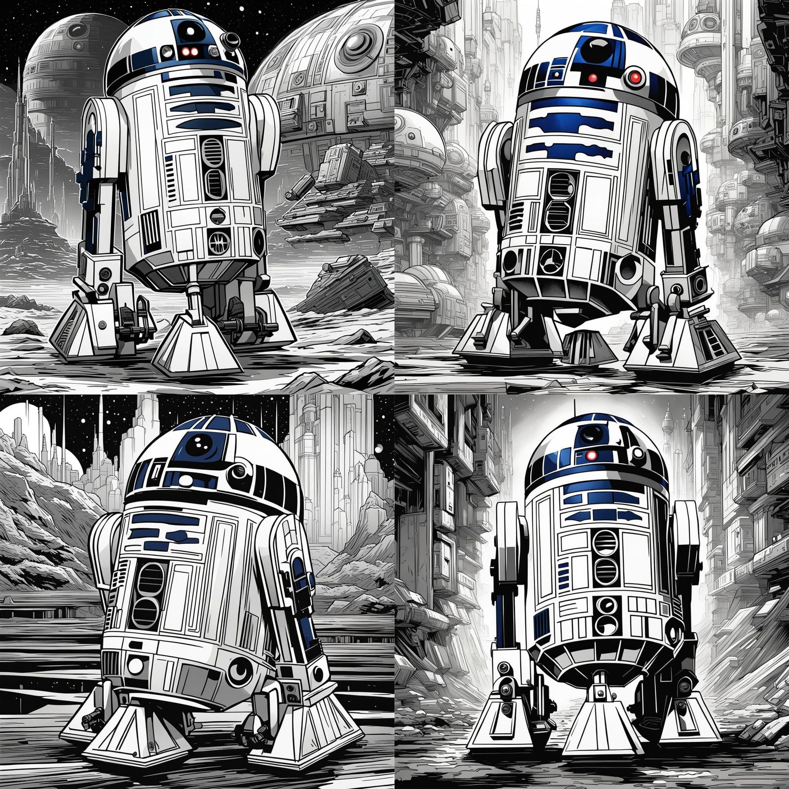 R2D2 Android in Black and White Comic Style