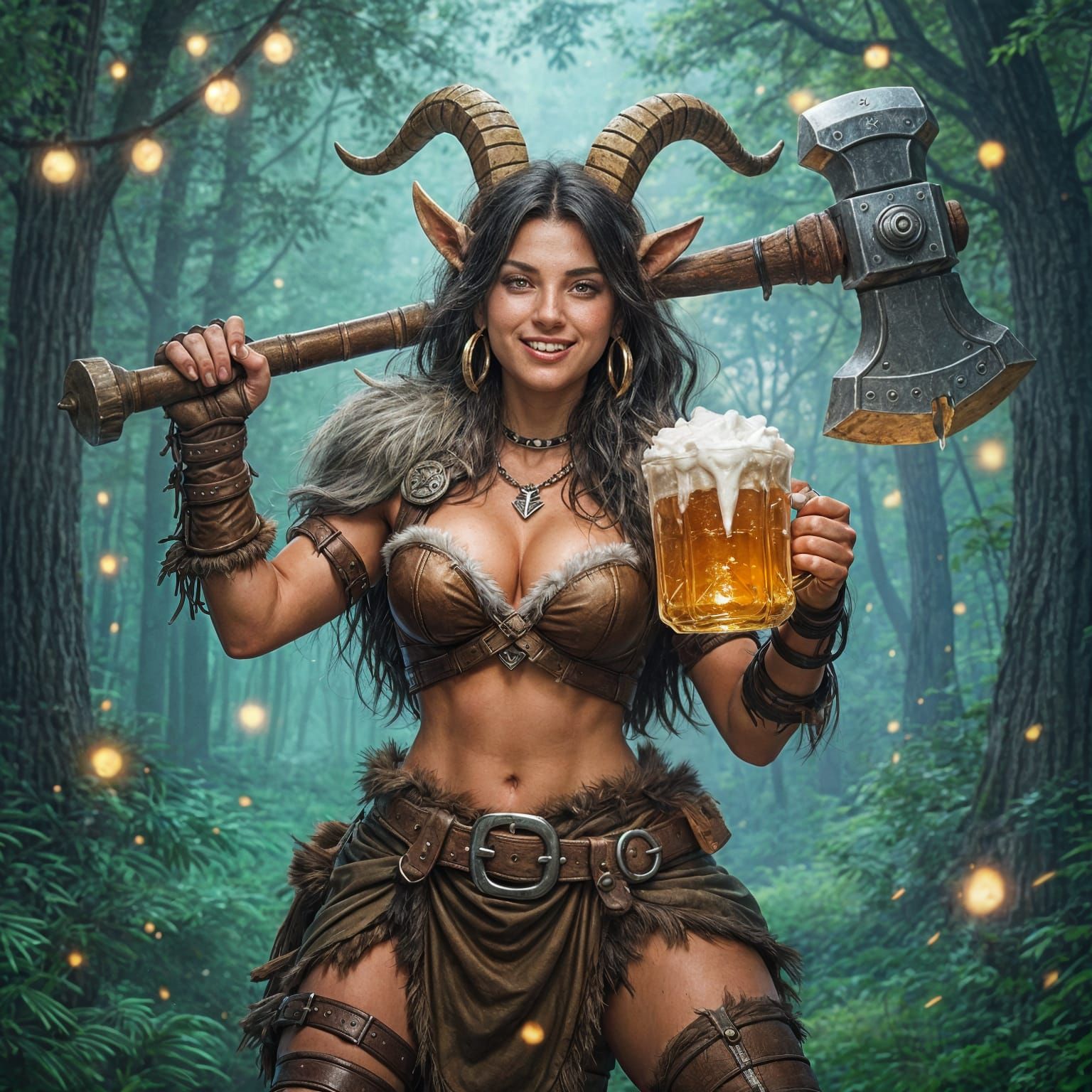 Goat-Human Barbarian Partying in Forest, Whimsical Art