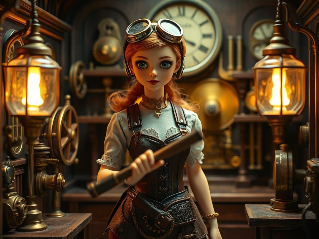 Steampunk Doll with Hammer in Victorian Dollhouse