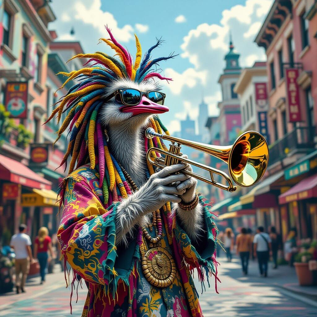 Rasta Ostrich Trombone Player in Polychromatic Cityscape