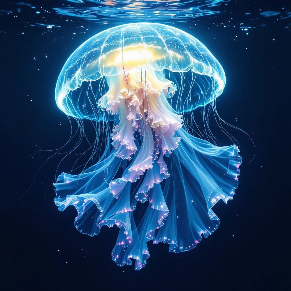 Bioluminescent Jellyfish Dancing in the Deep Ocean