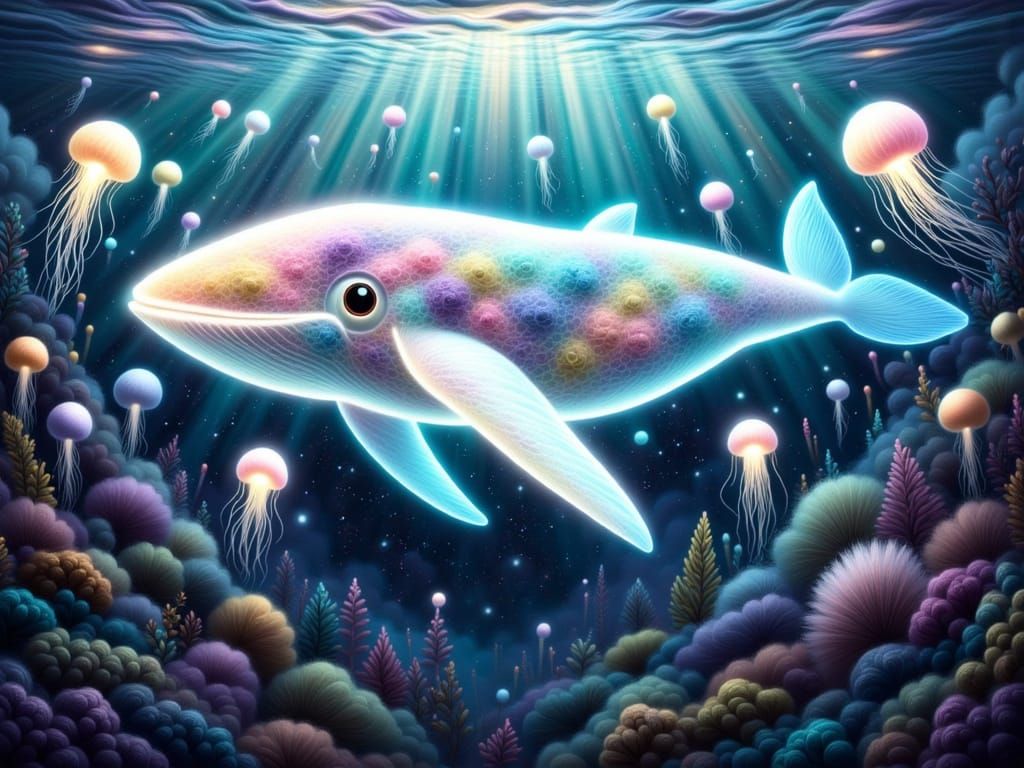 <lora:Felted Wool Flux:1.0> Underwater view of a huge fantastical glowing transparent glass whale swimming in the ocean....