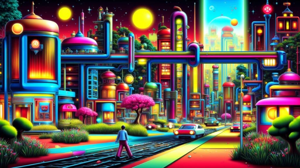 Whimsical Cyberpunk Cityscape in Naive Art Style