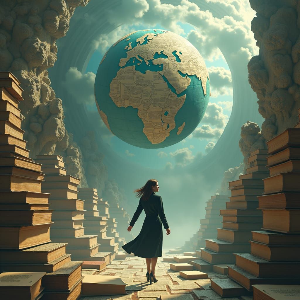 Woman Surrounded by Books in Fantasy Landscape