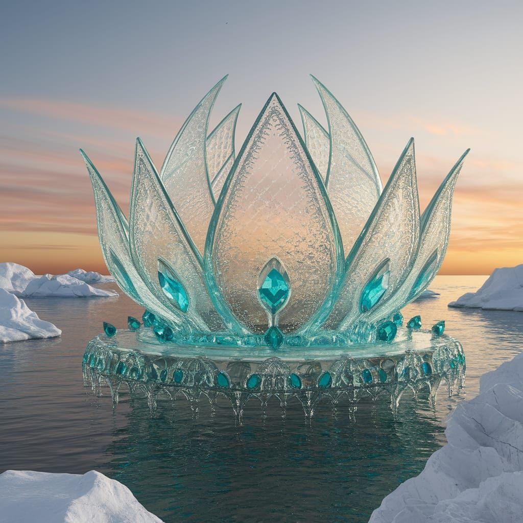 Ornate Lotus Ship of Ice-Blue Glass Floats