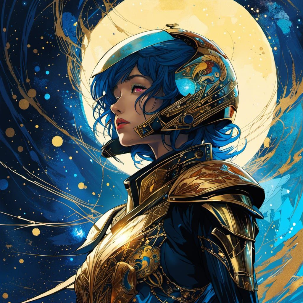 Anime Knight with Galaxy Helmet in Blue and Gold