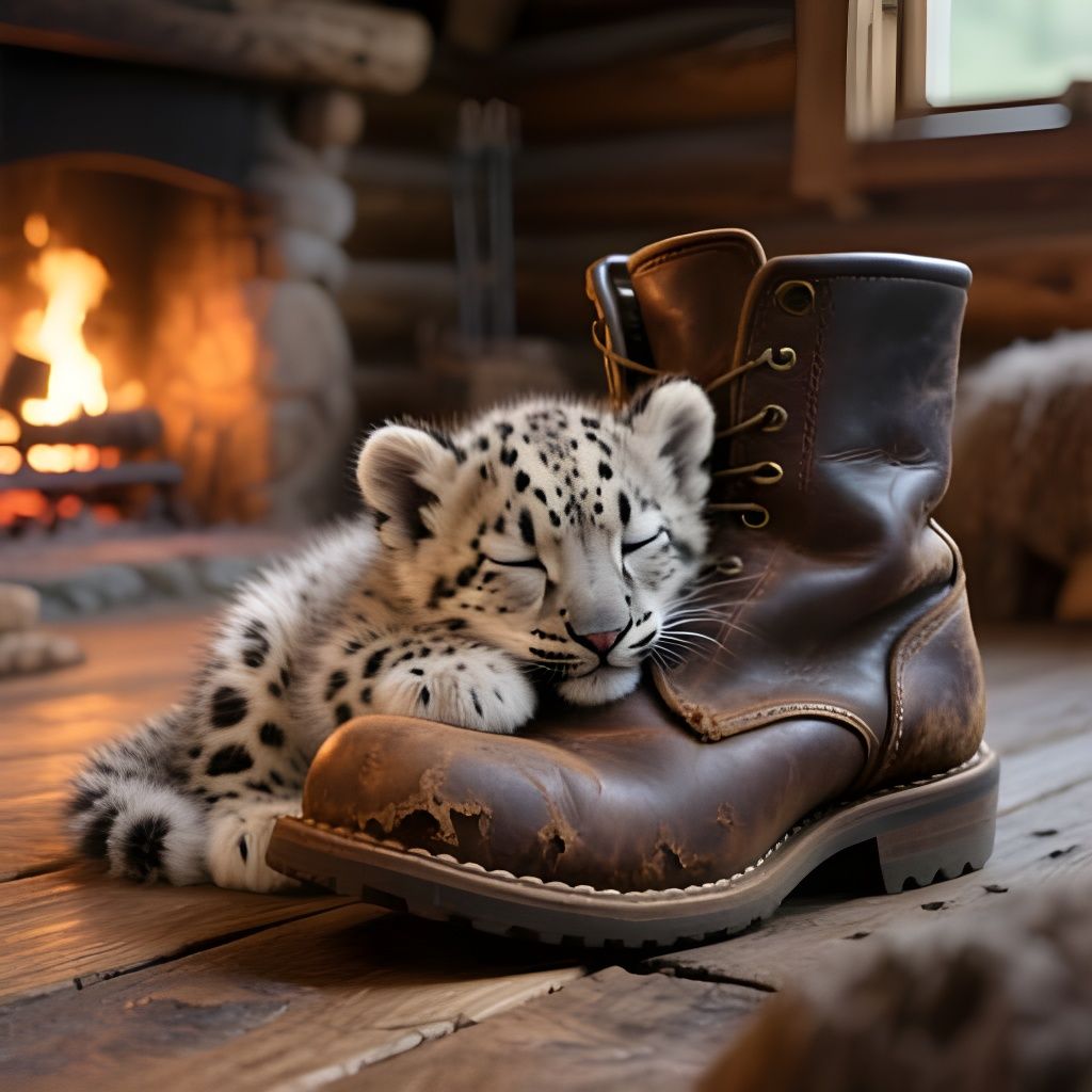 Adorable Snow Leopard Cub Sleeps on Old Boot in Rustic Cabin