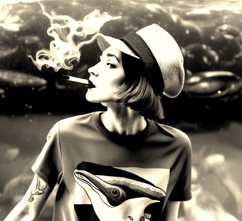 Underwater Cafe Stare-down: Woman and Whale Portrait