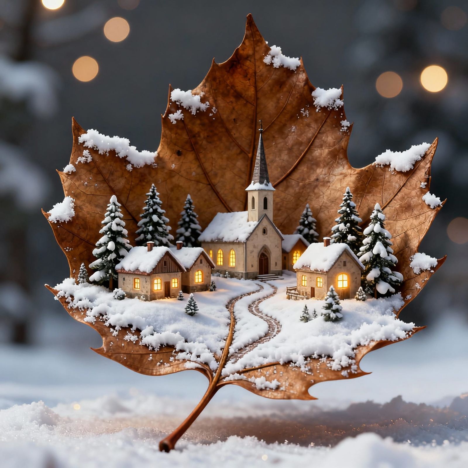 Winter Village on Autumn Leaf Macro Photography