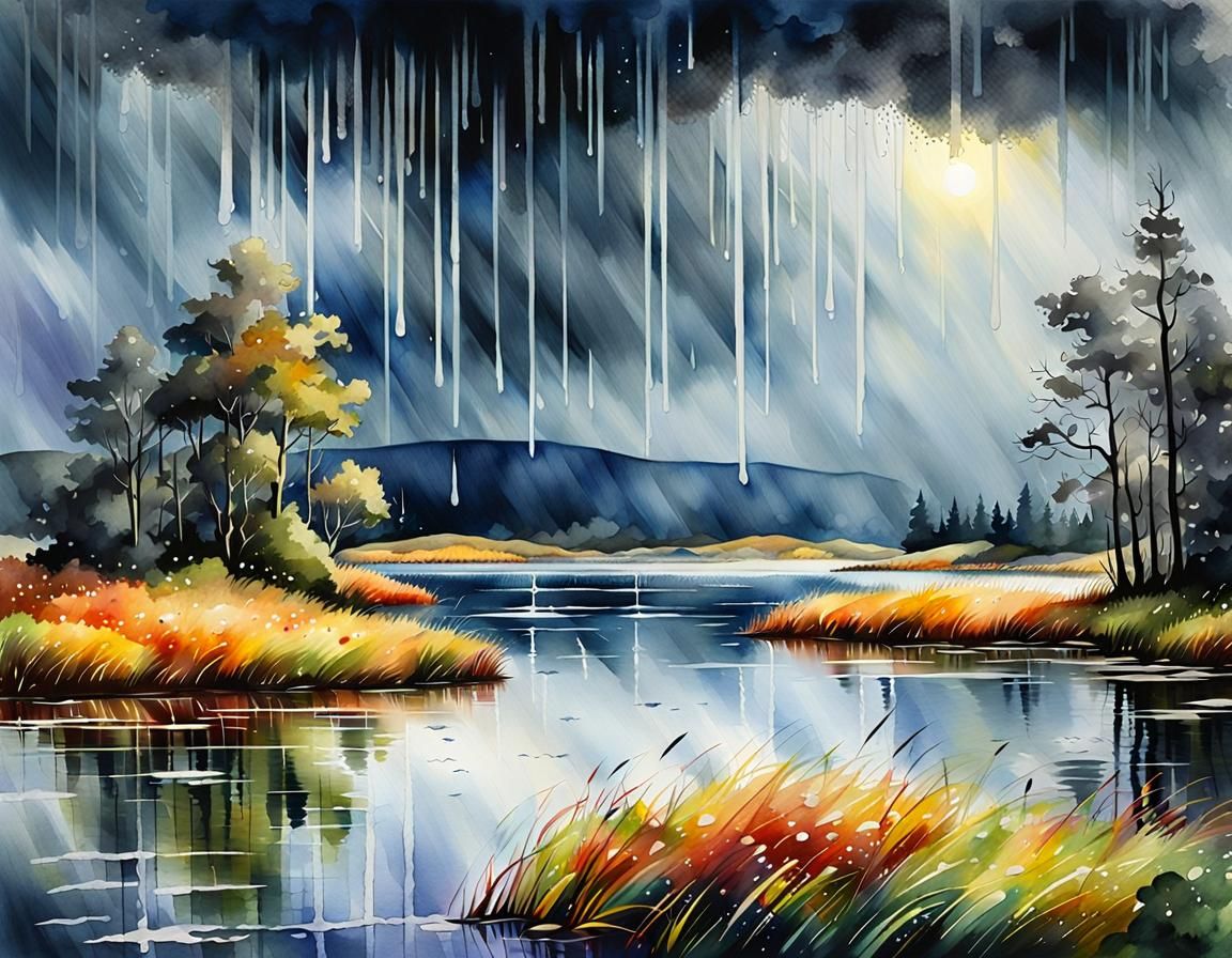 Watercolor Raining Day on Lake and Moor