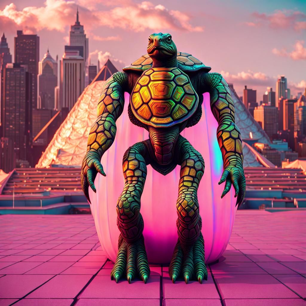 Vaporwave Guardian Turtle in Synthwave Style