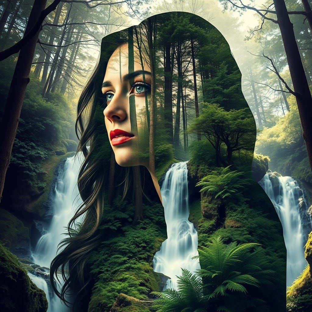 Zodiac Virgo Double Exposure with Waterfall Forest Landscape
