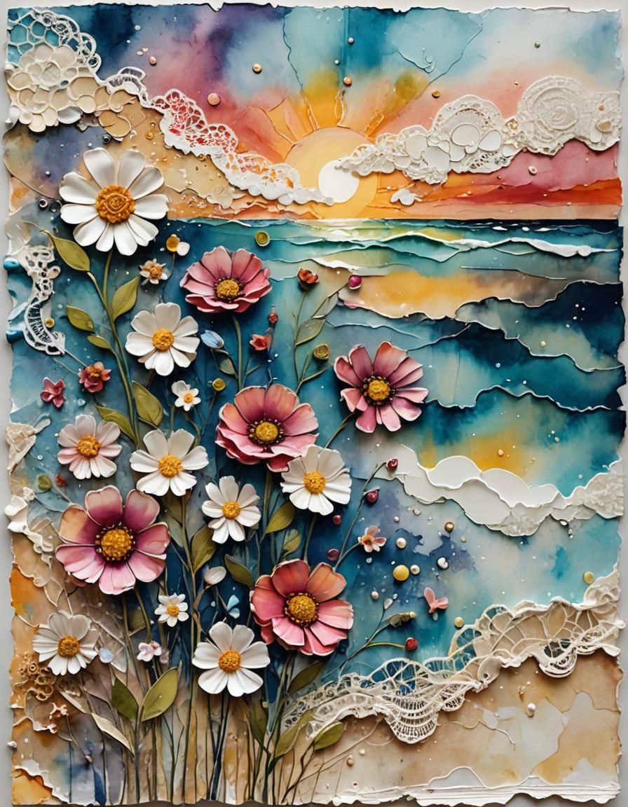 Mixed Media Sunset Journal Page with Flowers