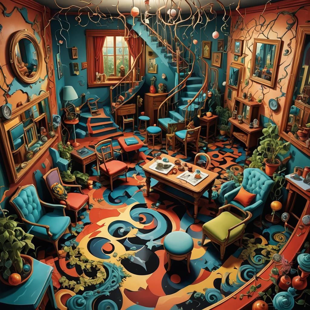 Surreal Dreamscape with Melting Furniture and Spirals