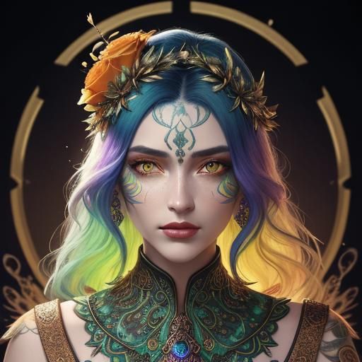 Metallic Rose Woman with Peacock Feathers, Digital Art