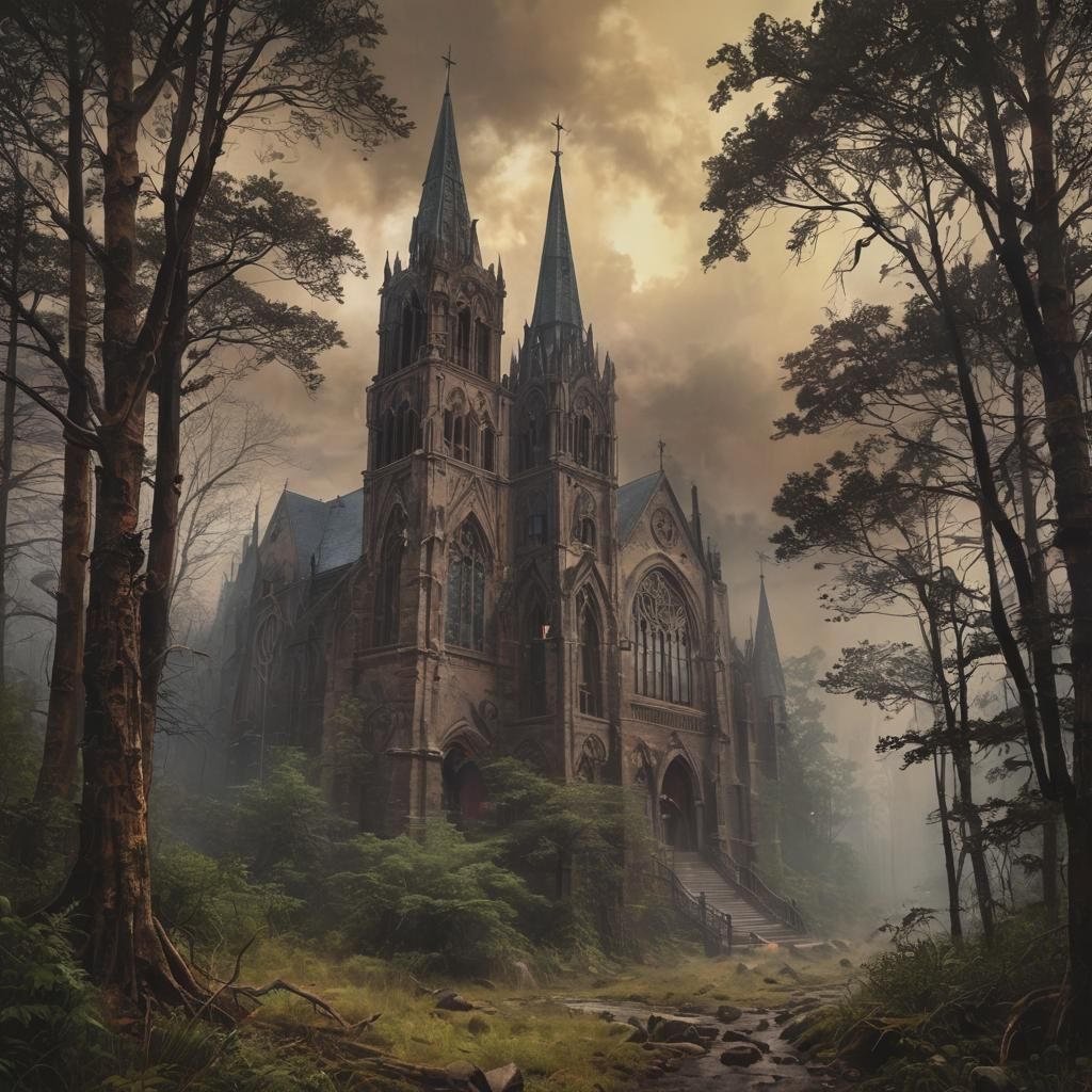 Abandoned Cathedral in Foggy Forest, Clyde Aspevig Style