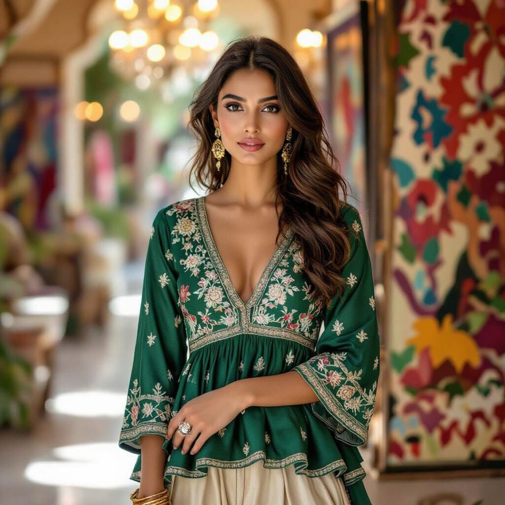 Indian Fashion Model in Luxurious Room: Back View