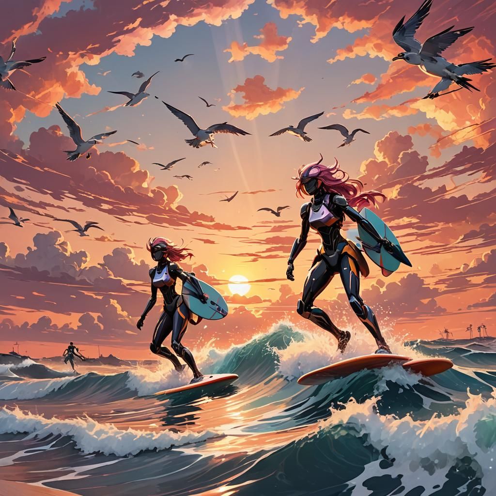 Sunset Surfing in Mecha Anime 3D Art