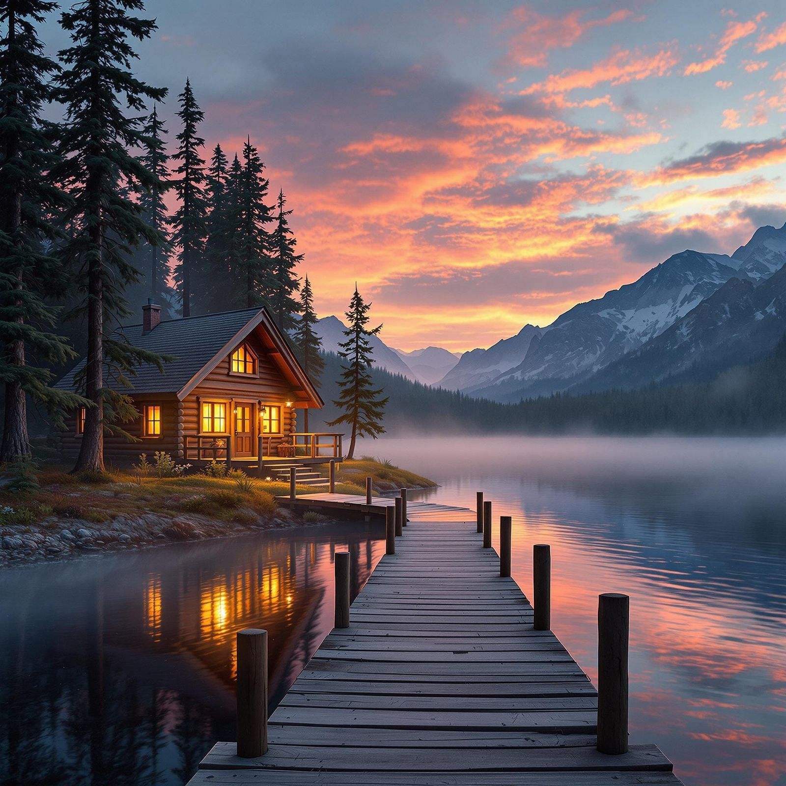 Peaceful Sunset Lake Scene with Luxury Cabin