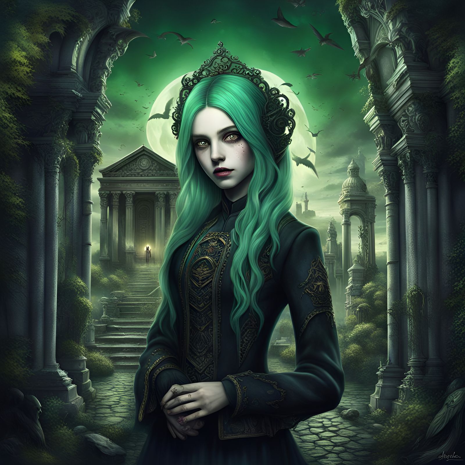 Gothic Girl in Cemetery: Fantasy Concept Art