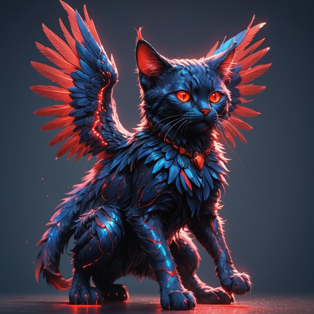 Neon Red Cat-Boy with Iridescent Wings