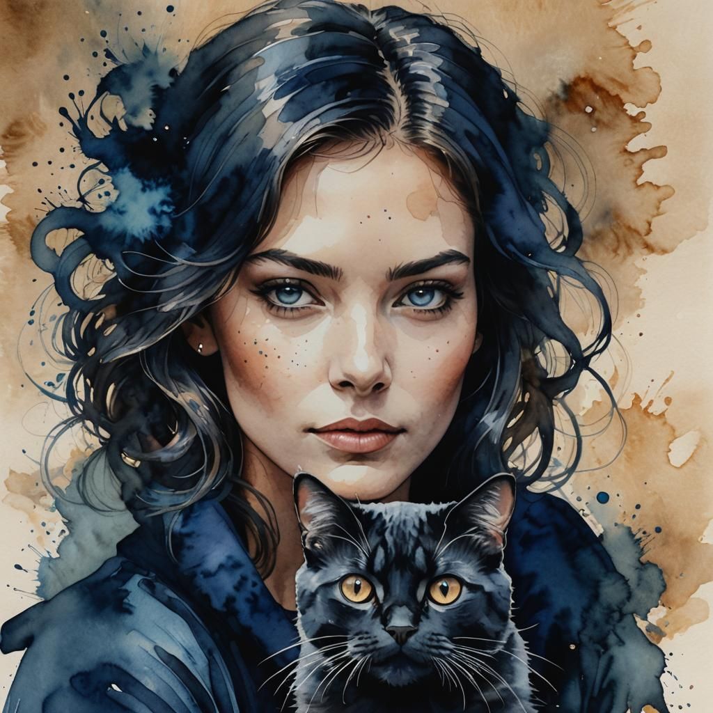 Woman and Cat Portrait as Liquid Ink Watercolor