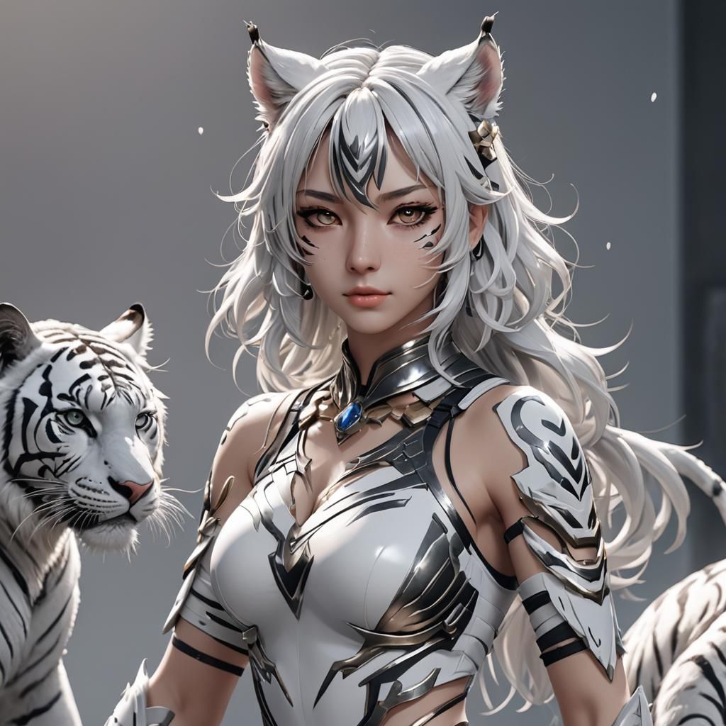 Anime White Tiger Catgirl Waifu in 3D