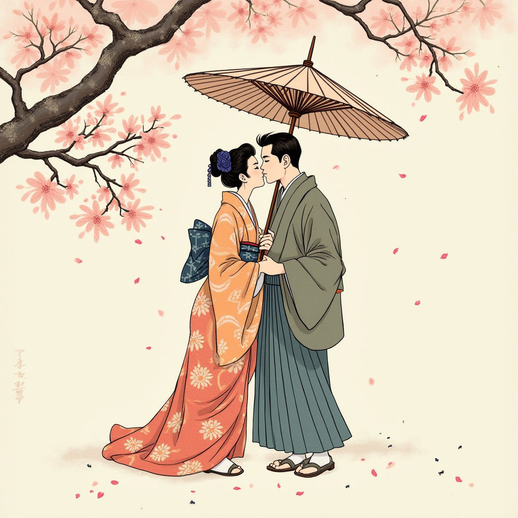 Japanese Couple Kissing in Ukiyo-e Cherry Blossom Scene
