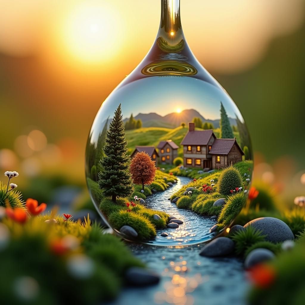 Miniature Village Inside Water Drop at Sunset