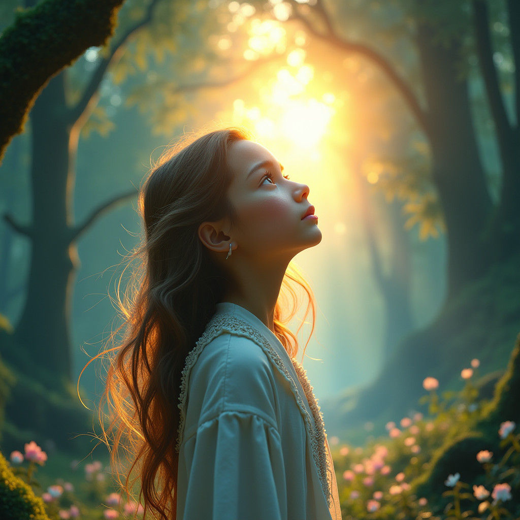 Girl Sees Sunlight in Magical Forest