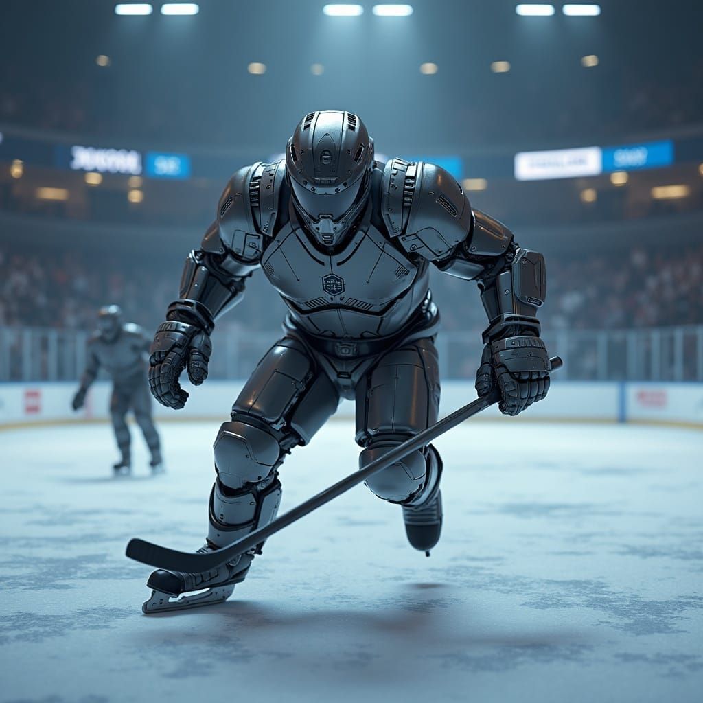 Futuristic Cyborg Hockey Player on Sci-Fi Rink