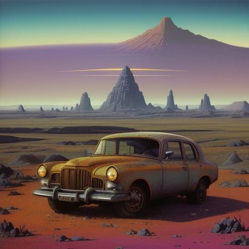 Retro-Futuristic Car Reclaimed by Crystals on Alien Planet