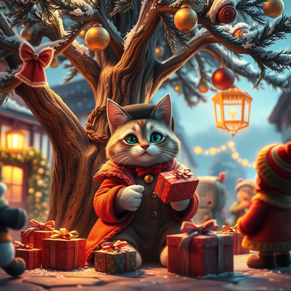 Whimsical Christmas Cat Dances Under Village Tree