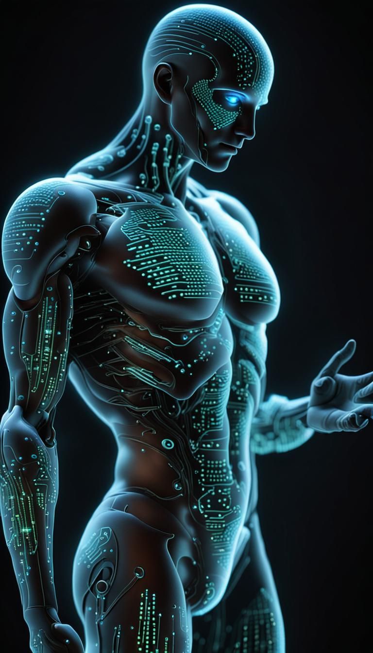 Bioluminescent Man Transforms into Binary Computer in 3D