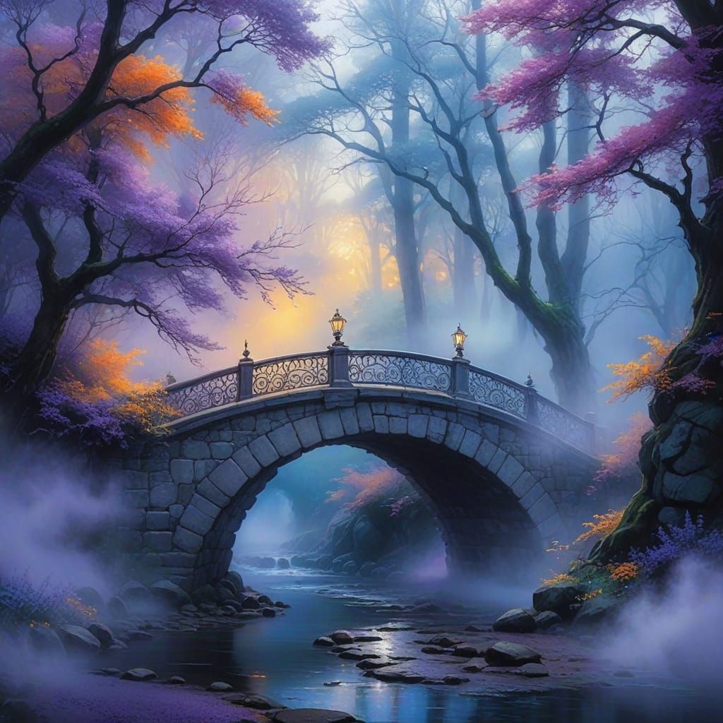 Whimsical Bridge in Enchanted Forest Landscape