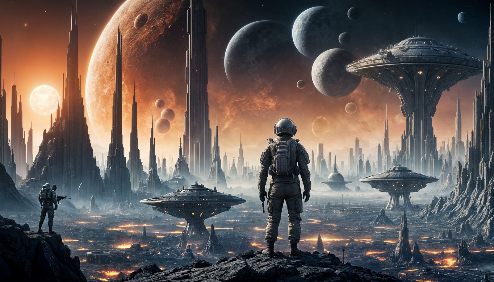 Soldier Gazes Upon Alien Cityscape with Distant Spaceships