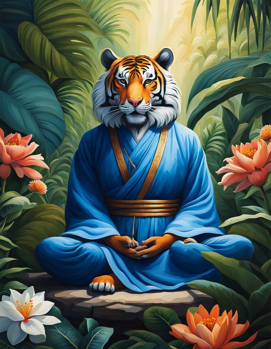 Meditating Tiger Monk in Jungle Garden
