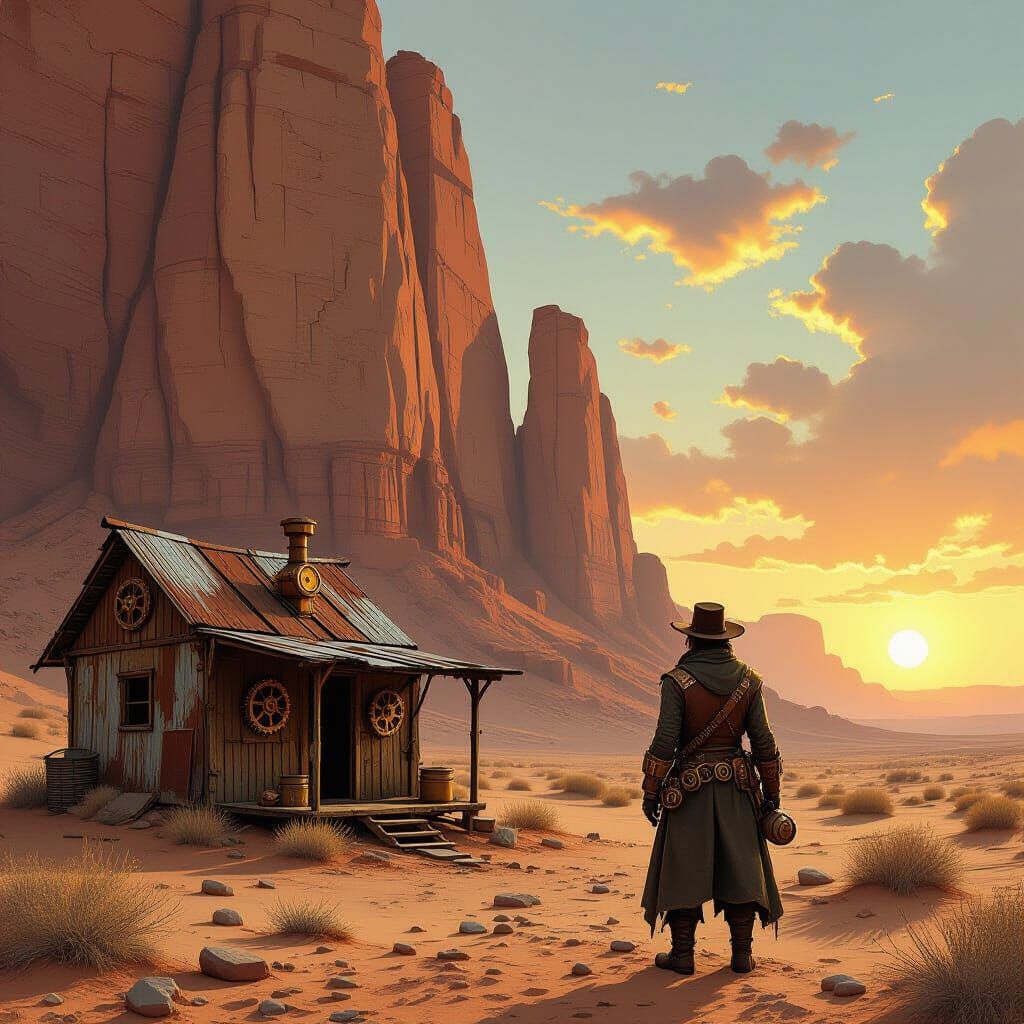 Steampunk Prospector in Desert by Setting Sun