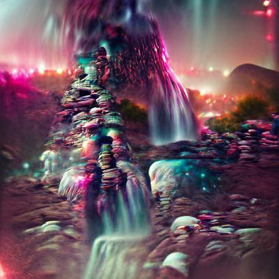 Neon Cosmic Waterfall Landscape in Psychedelic Style