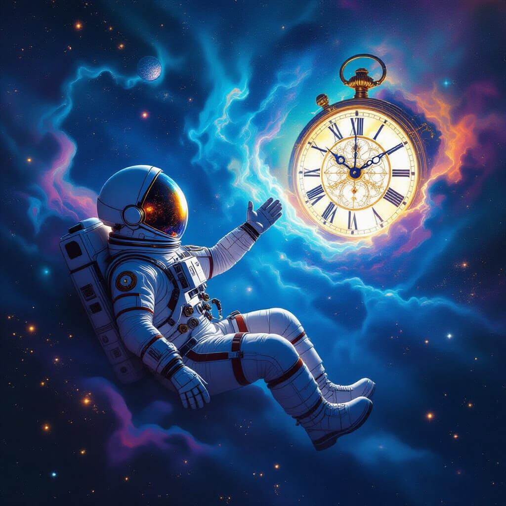 Astronaut Reaches for Pocket Watch Planet in Nebula