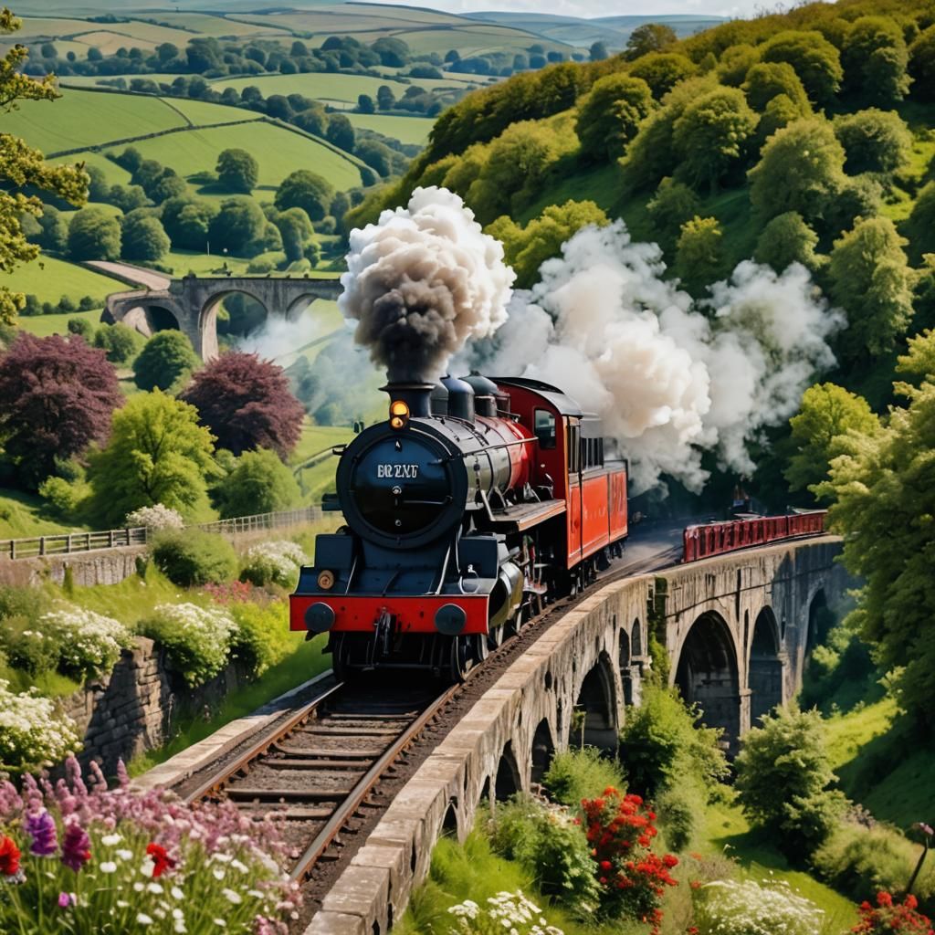 Old Steam Locomotive in Vivid English Countryside