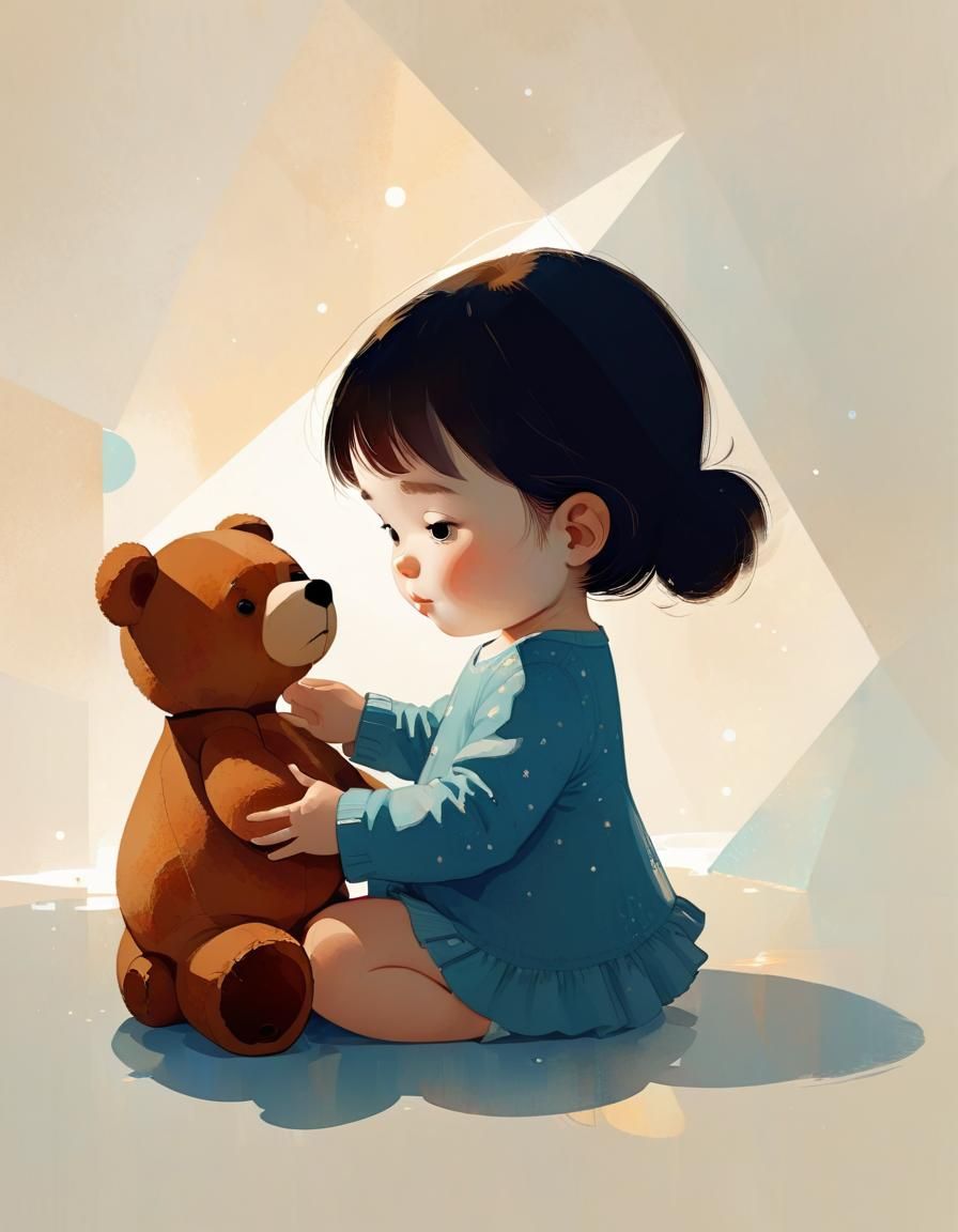 Toddler and Teddy Bear in Cel-Shaded Illustration