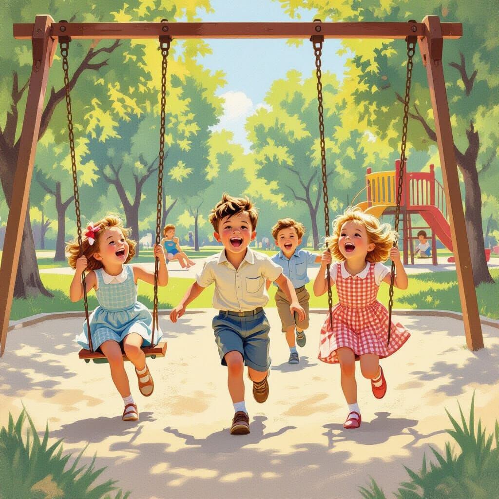 Children Playing in Park: Vintage 1960s Illustration