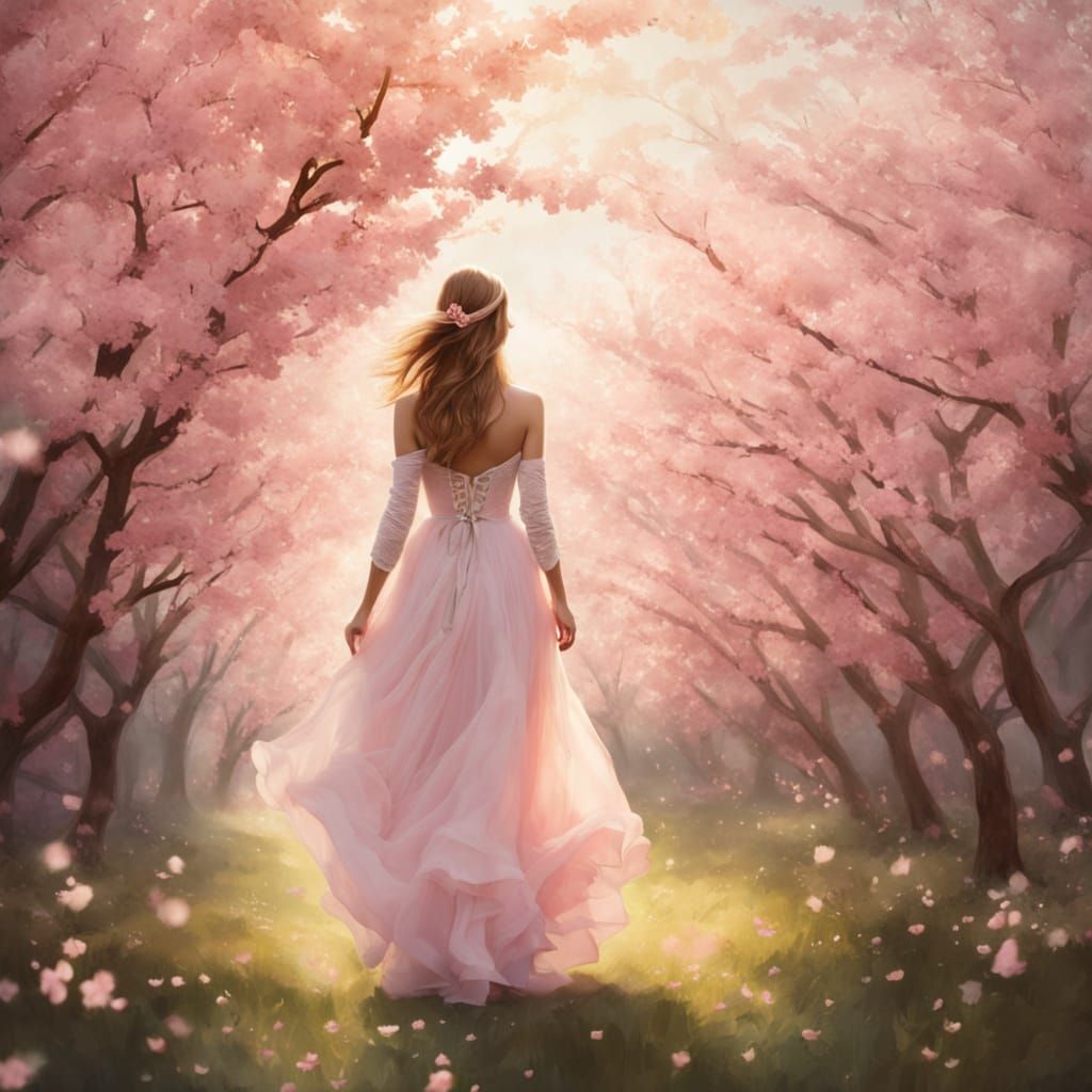 Surreal Cherry Blossom Garden Scene in Soft Watercolor Style