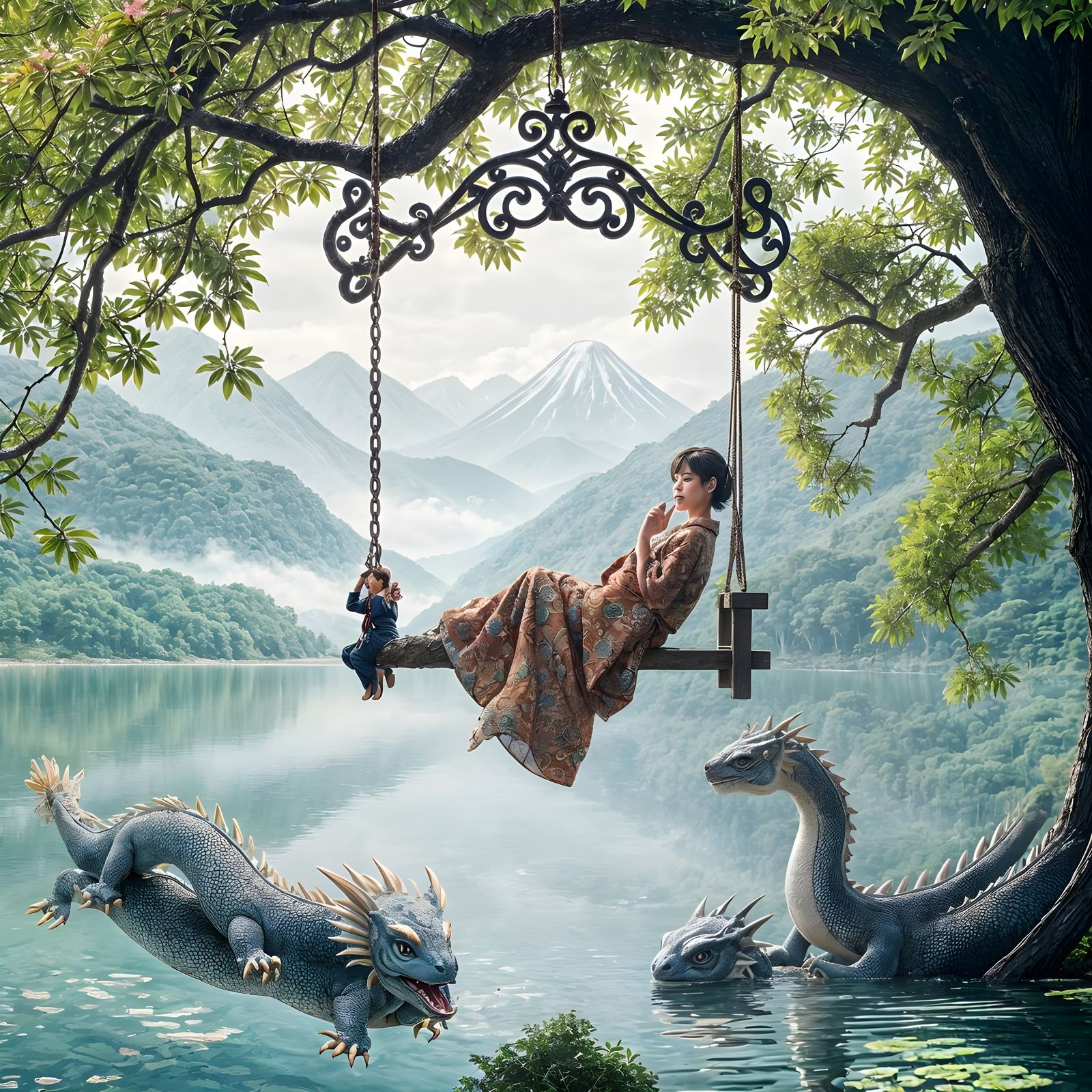 Eastern Goddess in Whimsical Japanese Landscape