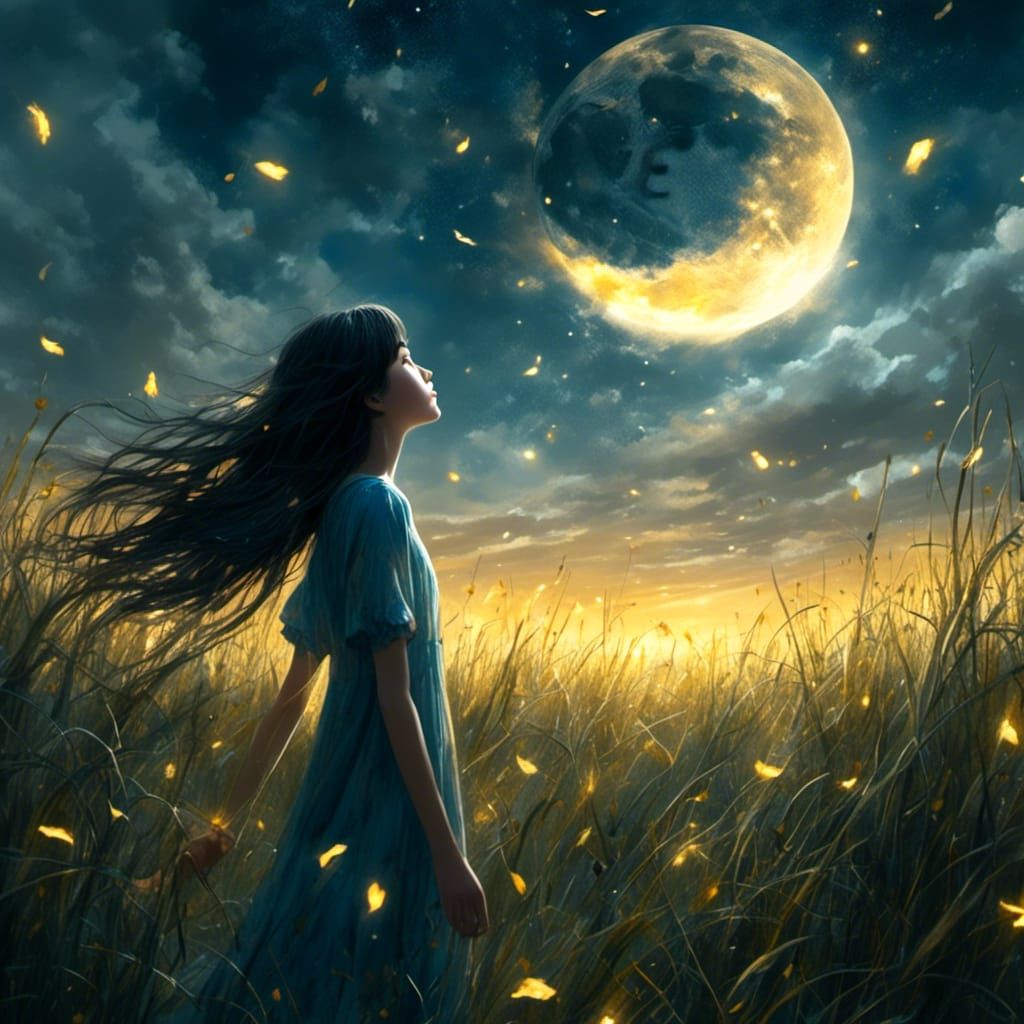 Girl Reaching for the Moon in Dreamy Romanticism