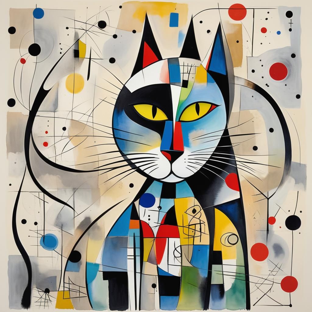 Cubist Cat Watercolor Painting in Abstract Style