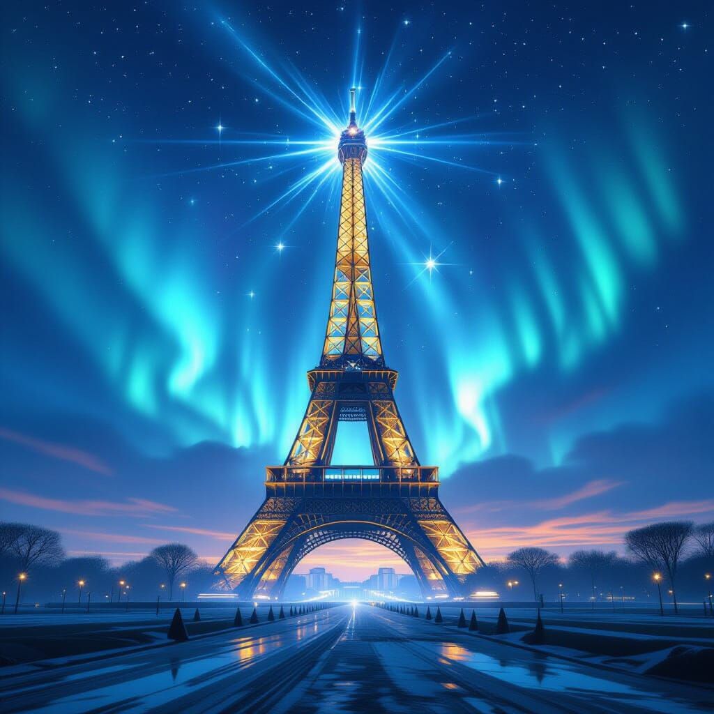 Crystalline Eiffel Tower Refracting Starlight on Windswept P...