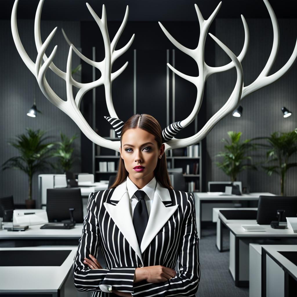 Surreal Woman with Antlers in Biomorphic Office